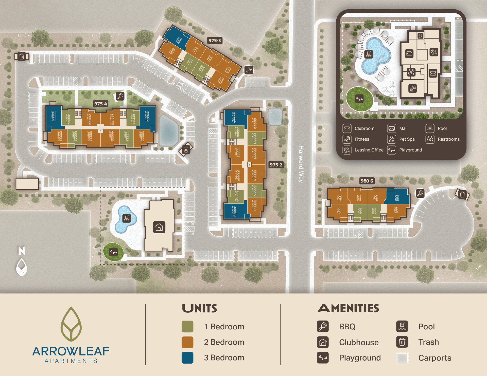 Apartment site plan with building layouts, pool, parking, and amenity legends in beige and blue.