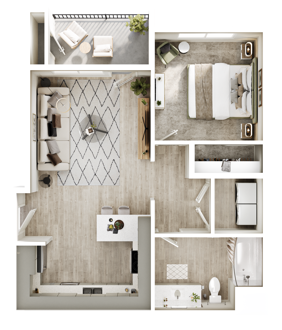 Top-down floor plan of a modern one-bedroom apartment with living room, bedroom, kitchen, bath, and balcony.