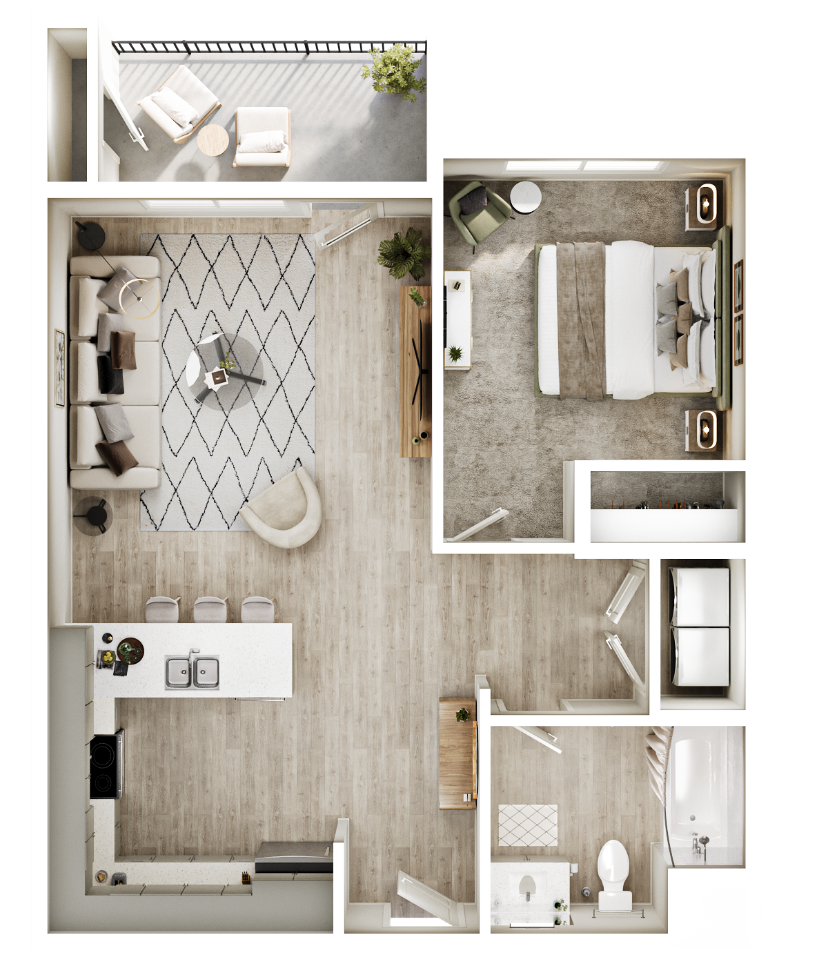 Top-down apartment floor plan with living room, kitchen, bedroom, and bathroom in light neutral tones