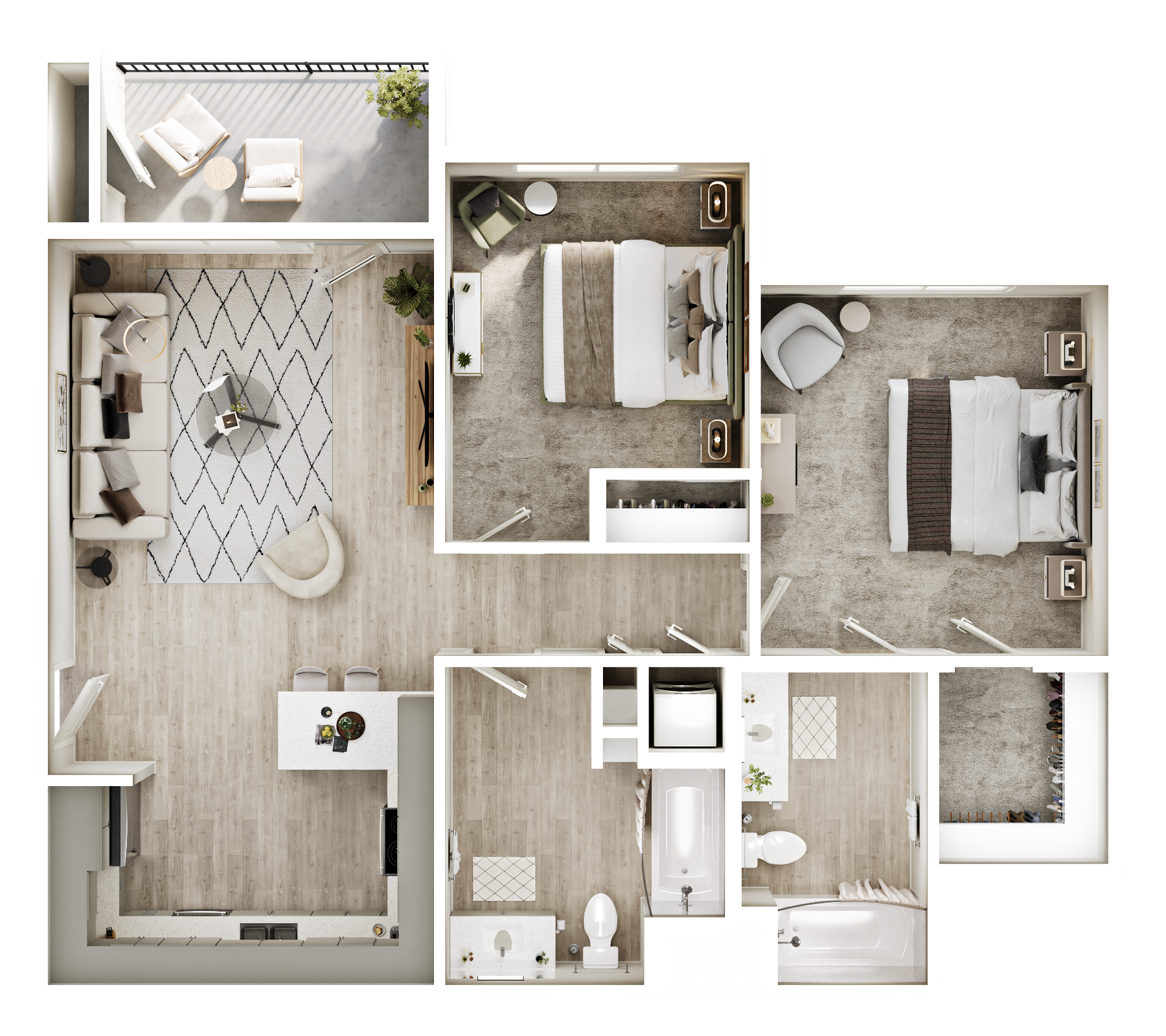 Top-down floor plan of a light-colored apartment with living room, bedroom, kitchen, and bath.