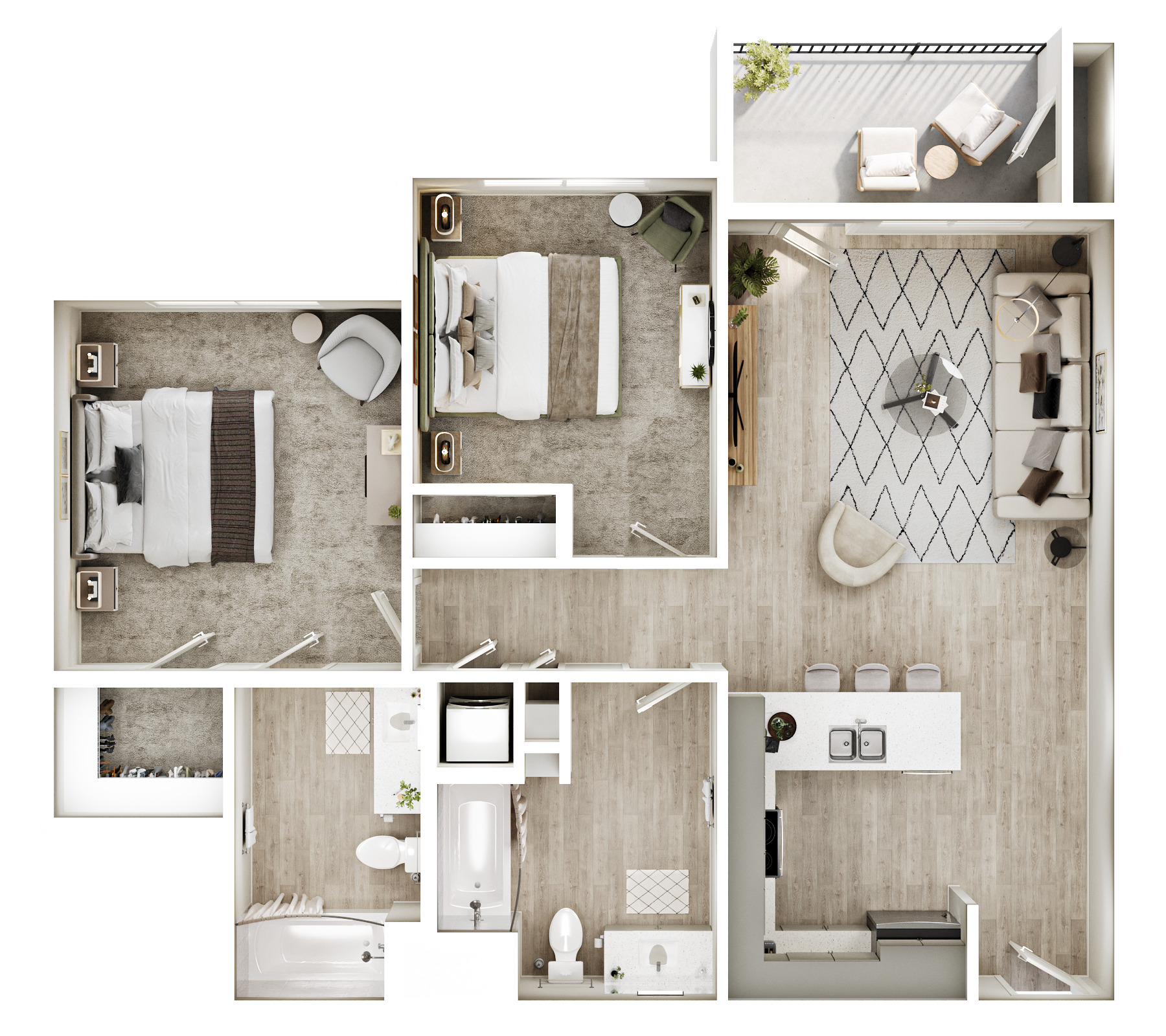 Floor plan of a modern apartment with multiple rooms, bedrooms, kitchen, bath, and living area, shown from above