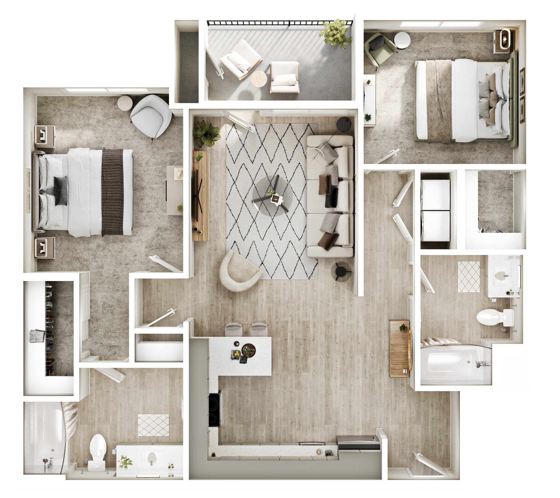 Top-down apartment floor plan with bedrooms, bathrooms, living area, and balcony in neutral tones