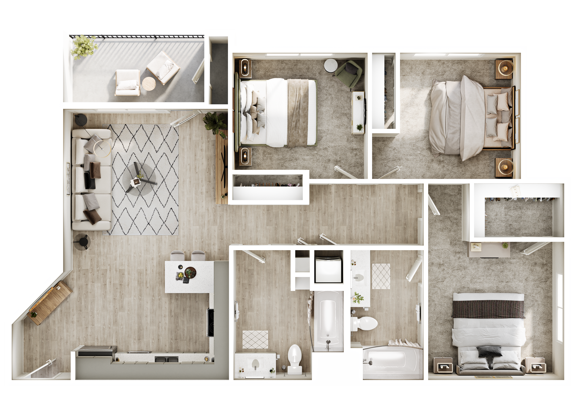 Top-down floor plan of a modern four-bedroom apartment with living room, kitchen, and two bathrooms.