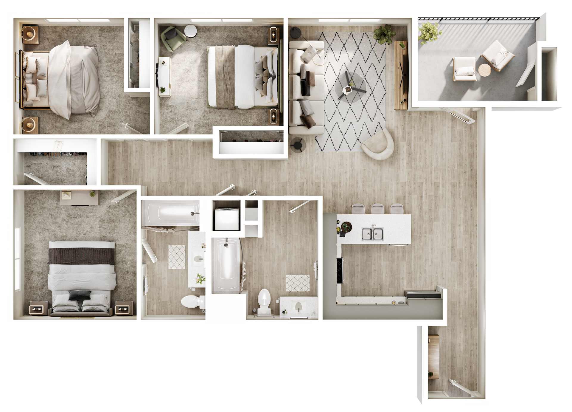 Top-down floor plan of a modern apartment with bedroom, bathroom, kitchen, dining area, and balcony.