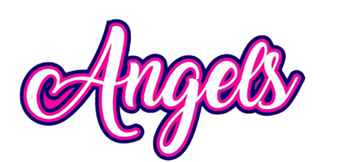 The word angels is written in pink and purple on a white background.