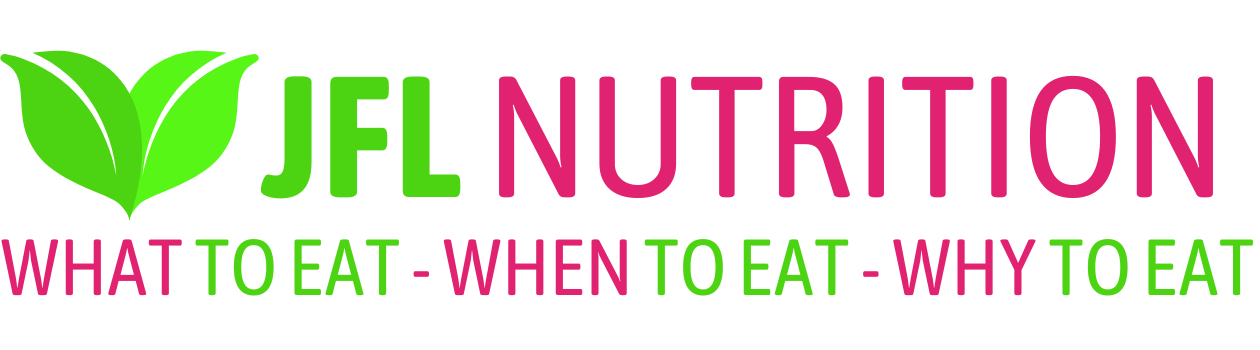 JFL NUTRITION logo with green leaves and pink text, tagline “What to eat • When to eat • Why to eat”