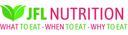 JFL NUTRITION logo with pink and green leaf icon and tagline “WHAT TO EAT - WHEN TO EAT - WHY TO EAT”