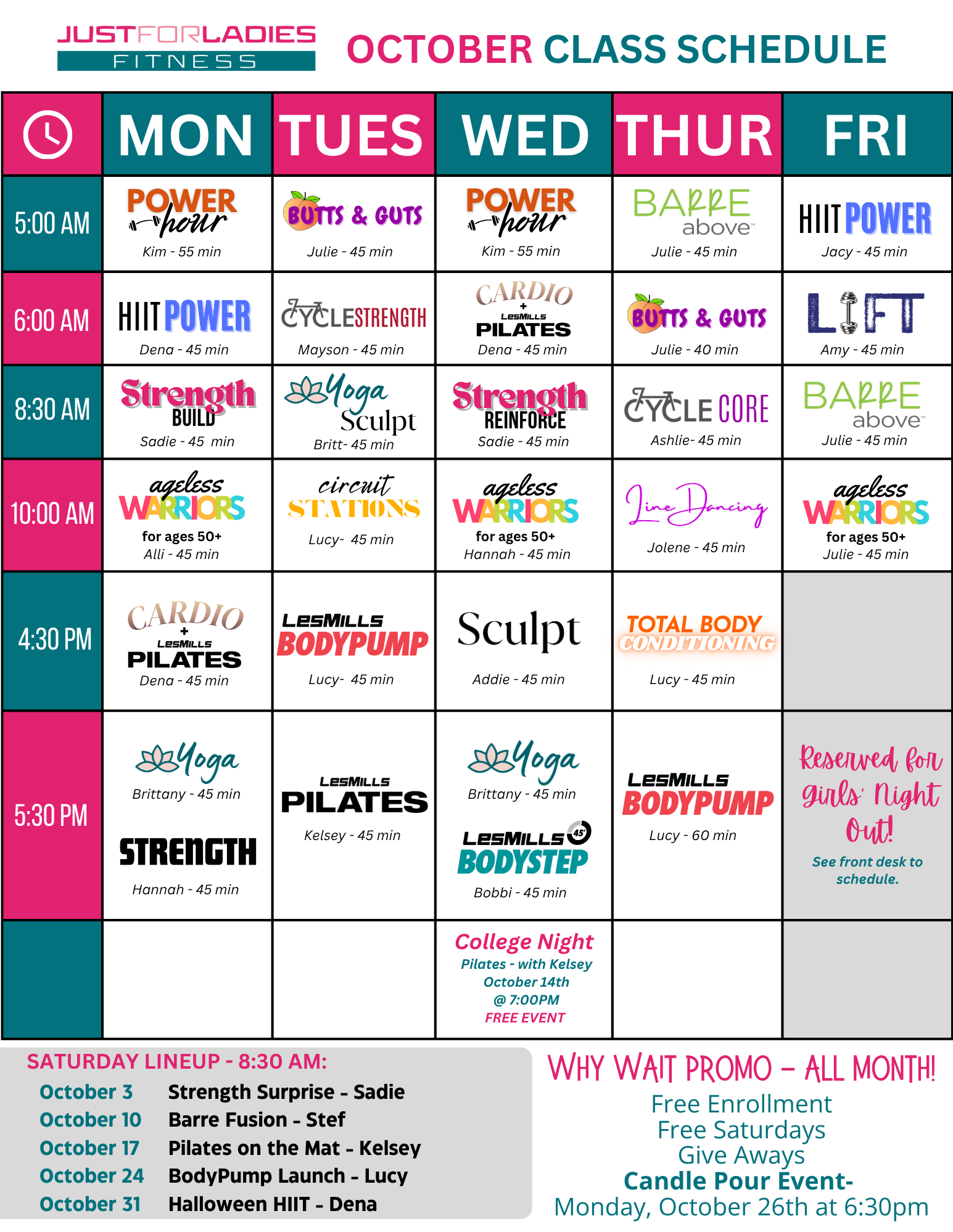 August class schedule poster with colorful weekly workout classes in a grid layout