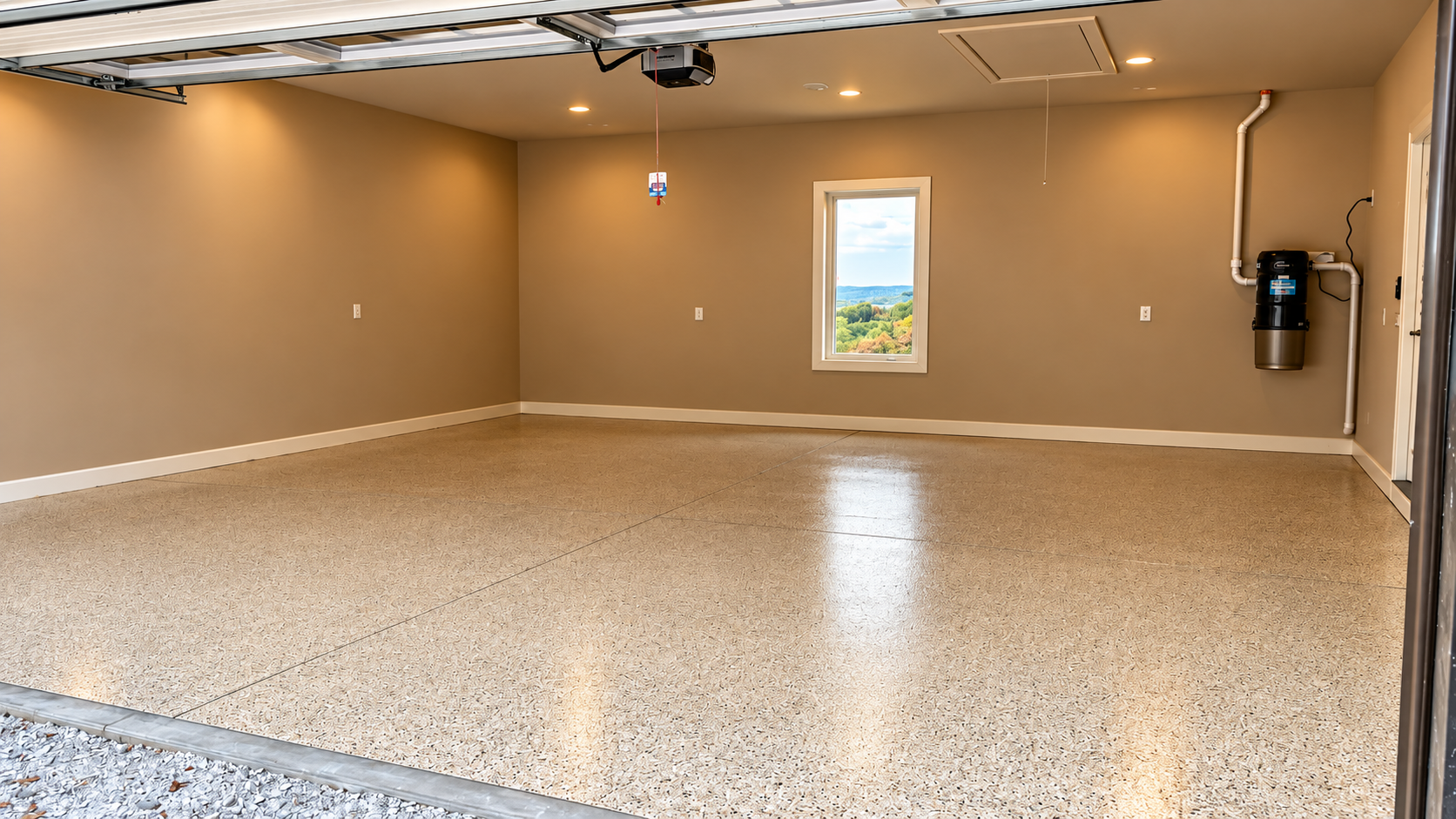Empty unfinished room with wet reflective floor, white walls, stacked materials, and windows at the back.
