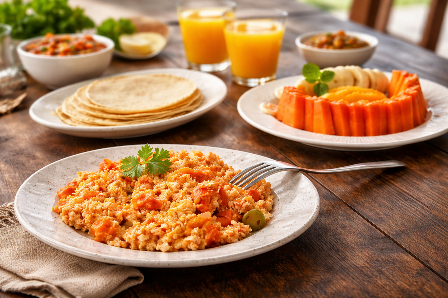 Cuatro platos de comida, que incluían arroz, papaya en rodajas, plátanos y tortillas, dispuestos sobre una mesa de madera oscura.