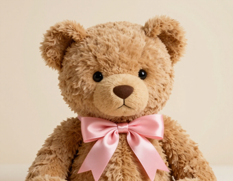 Oso de peluche marrón con un lazo rosa sobre un fondo claro.