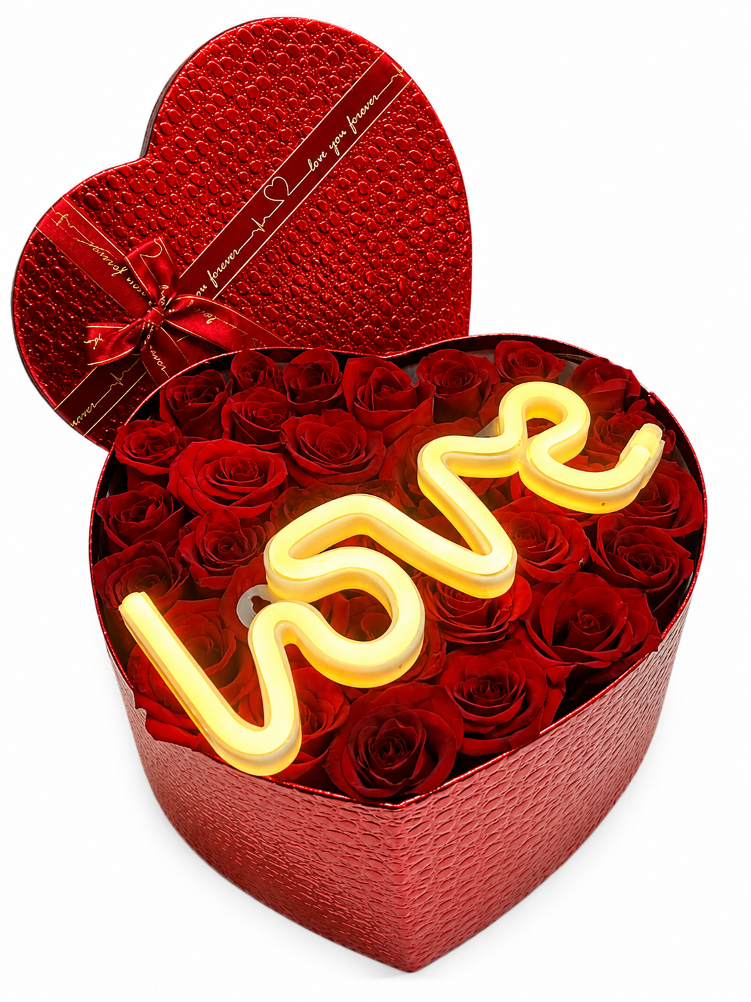 Arreglo de rosas con Neon Love.