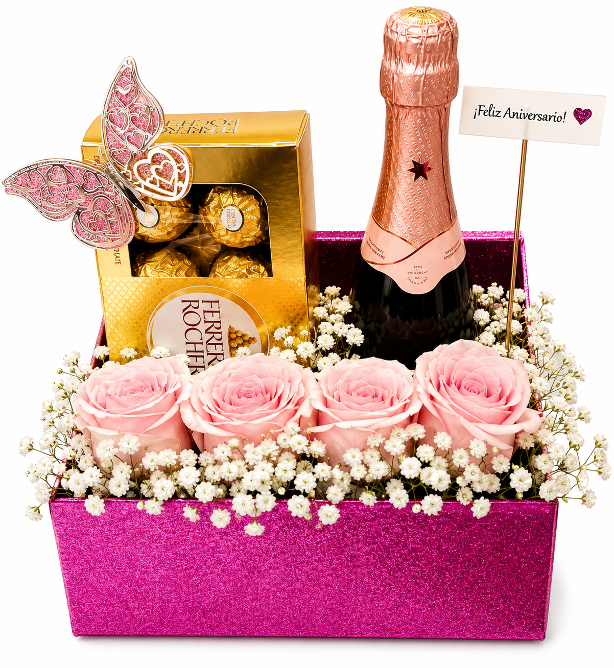 Arreglo floral en caja con gliters.