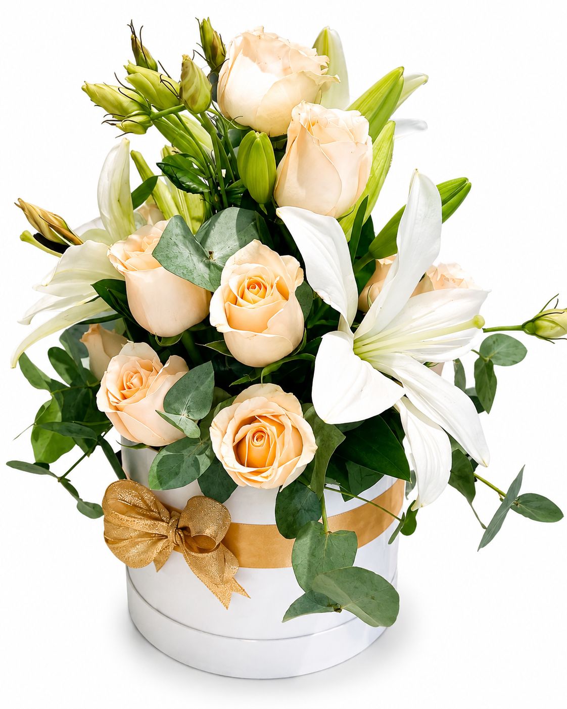 Arreglo floral en caja cilíndrica de rosas y lirios