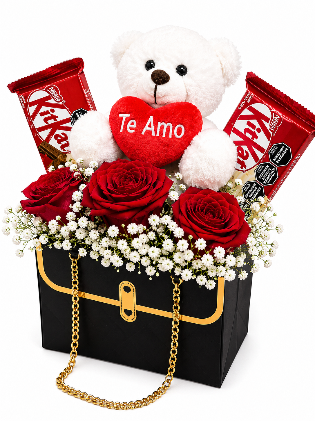 Arreglo floral de rosas en cartera con peluche y chocolates.