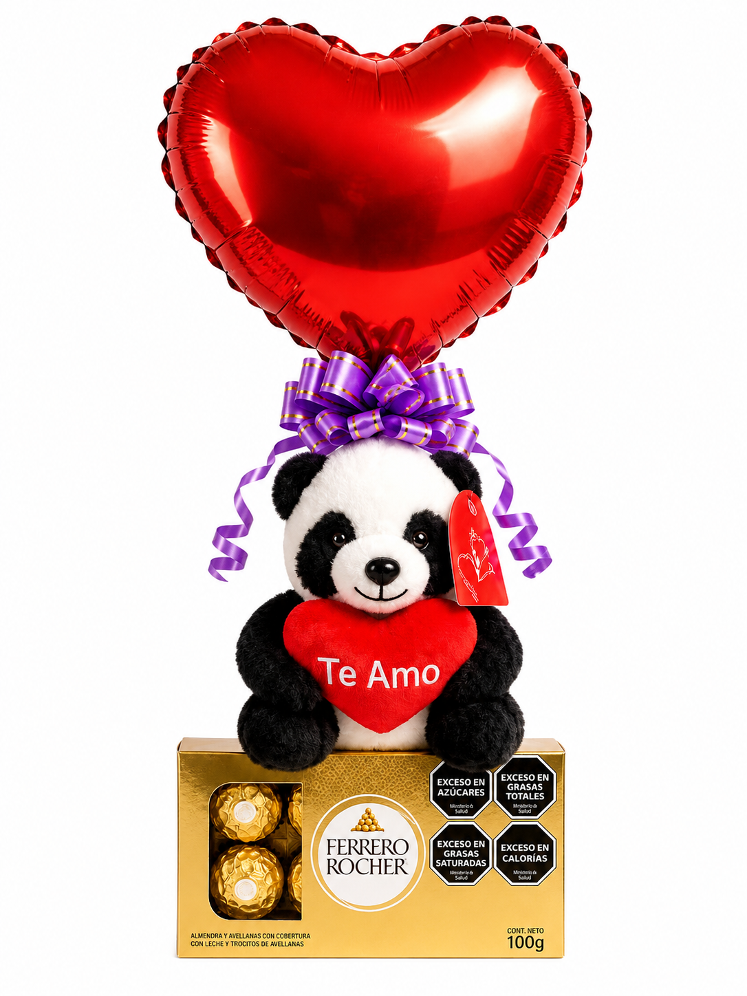 Globo corazón con ferrero y peluche.
