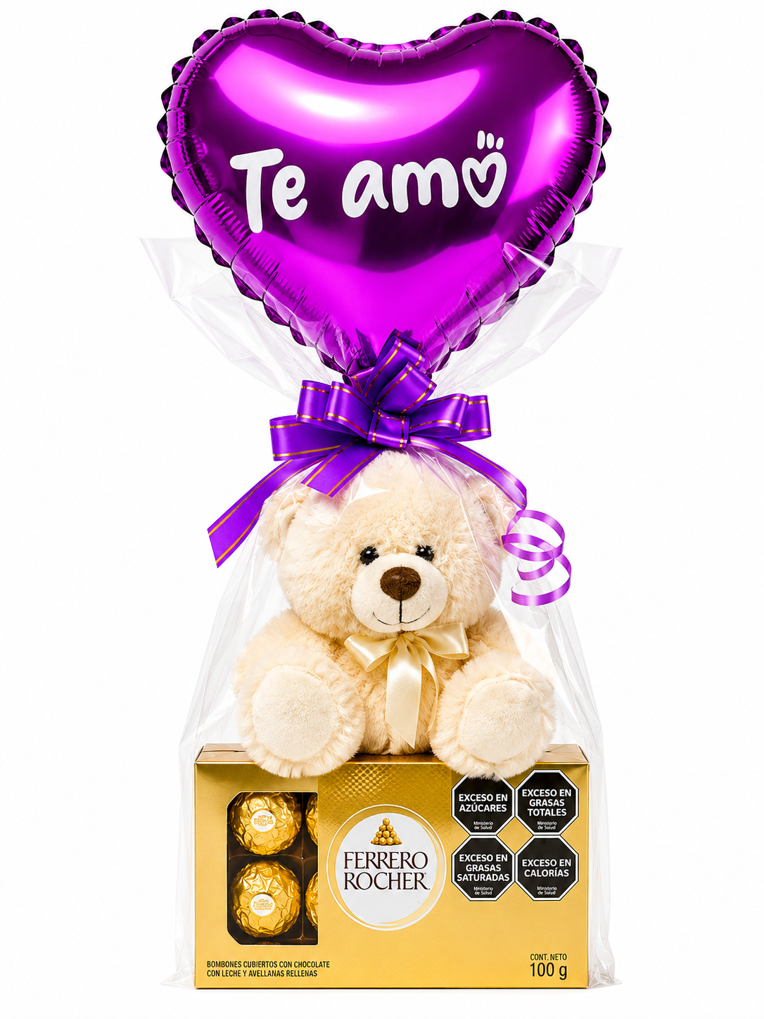Globo corazón con ferrero y peluche.