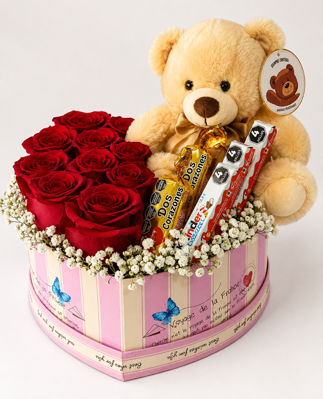 Caja corazón con rosas, peluche y chocolates