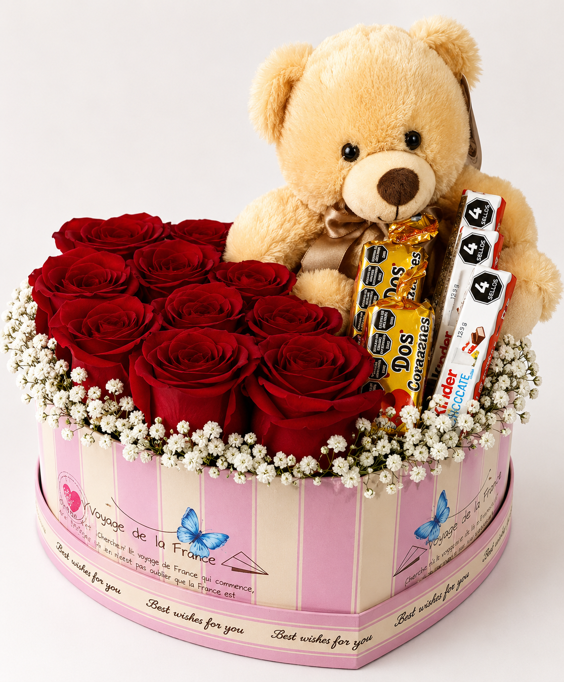 Caja corazón con rosas, peluche y chocolates