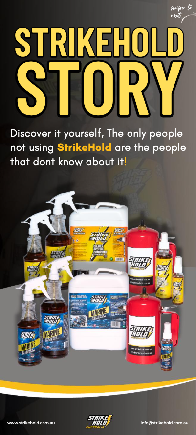Advertisement for StrikeHold products with yellow text on a dark background — Focus On Water In Cannonvale, QLD