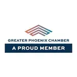 Greater Phoenix Chamber logo with “A Proud Member” banner in navy and teal