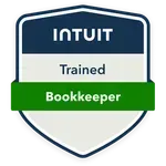 Intuit Trained Bookkeeper badge with white shield, navy header, and green banner