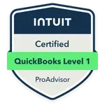 Intuit Certified QuickBooks Level 1 ProAdvisor badge with blue, white, and green accents