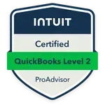 Intuit Certified QuickBooks Level 2 ProAdvisor badge with blue and green shield design