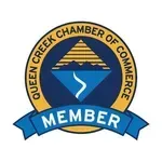 Queen Creek Chamber of Commerce member logo with blue ribbon and gold arch