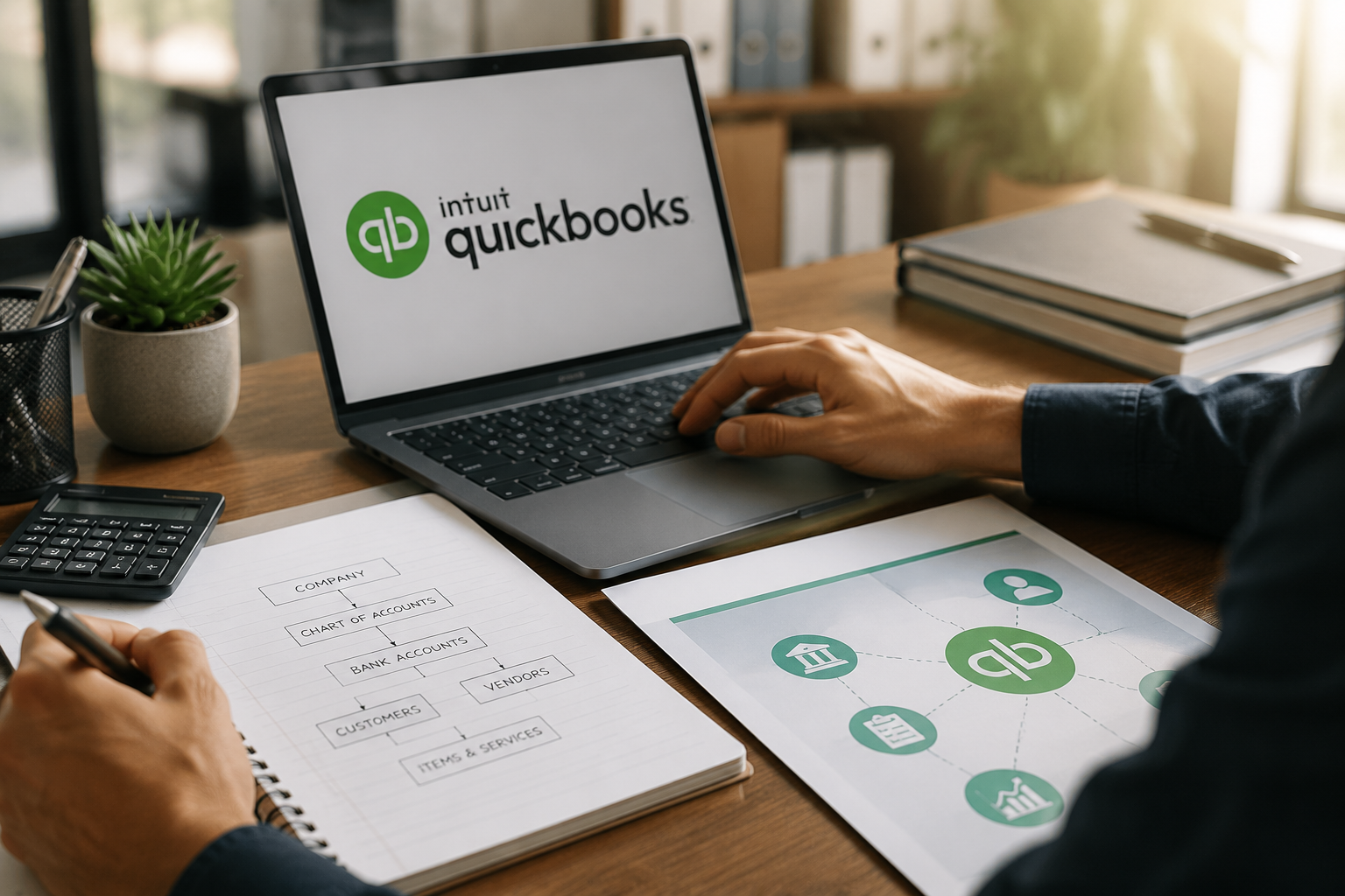 Hands using a laptop with QuickBooks on screen, alongside printed paperwork and a tablet on a desk