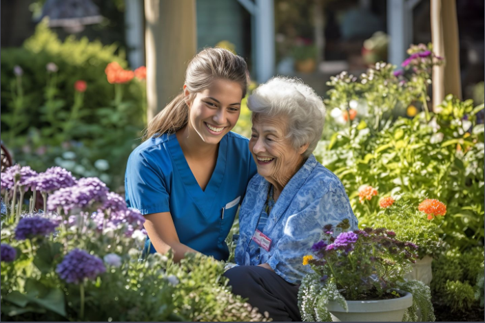Woman in blue scrubs smiles at older woman in a garden, surrounded by flowers.