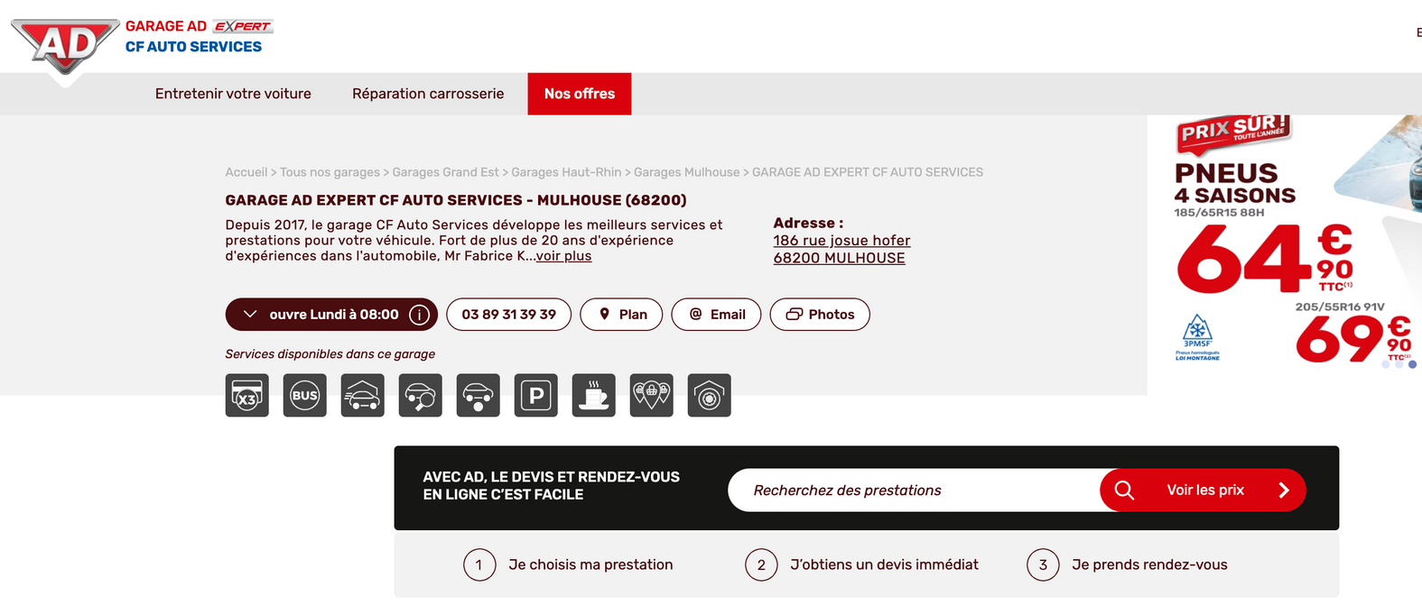 Une capture d'écran d'un site Web sur lequel il est écrit pneus