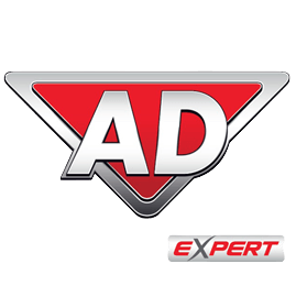 Un logo d'expert publicitaire rouge et argent sur fond blanc