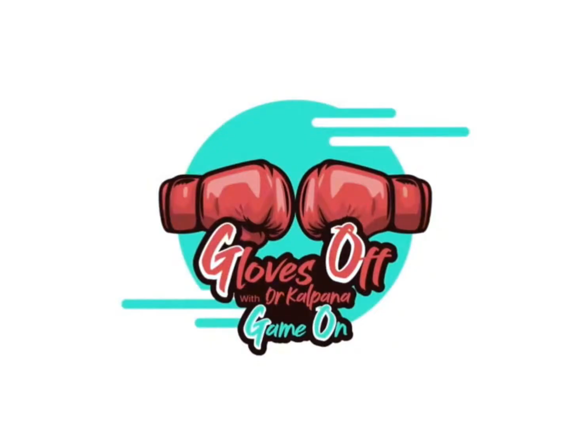 Gloved boxing gloves logo with “Gloves Off, Game On” text in red and teal on white background