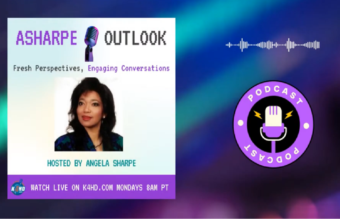 Podcast promo graphic for “A Sharpe Outlook” with host portrait, microphone icon, and blue-purple gradient background