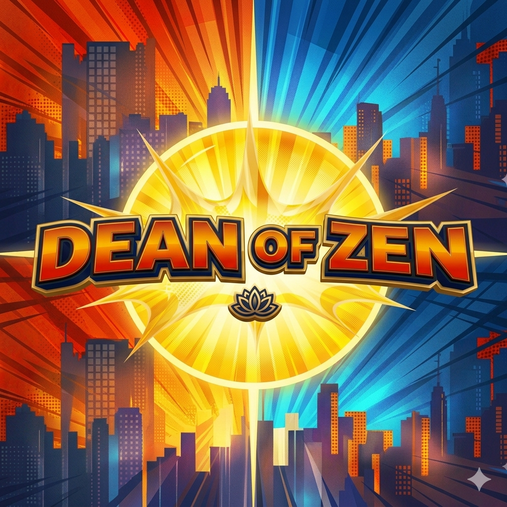 “Dean of Zen” logo over a glowing sunburst with blue and orange city skyline background