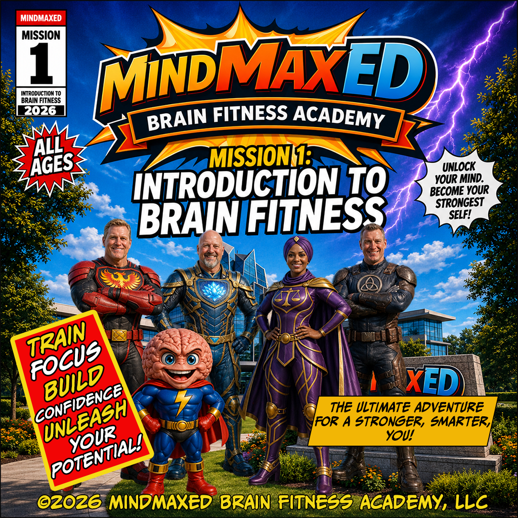 Comic-book cover for MindMaxed Brain Fitness Academy: “Introduction to Brain Fitness” with superheroes and bold text.