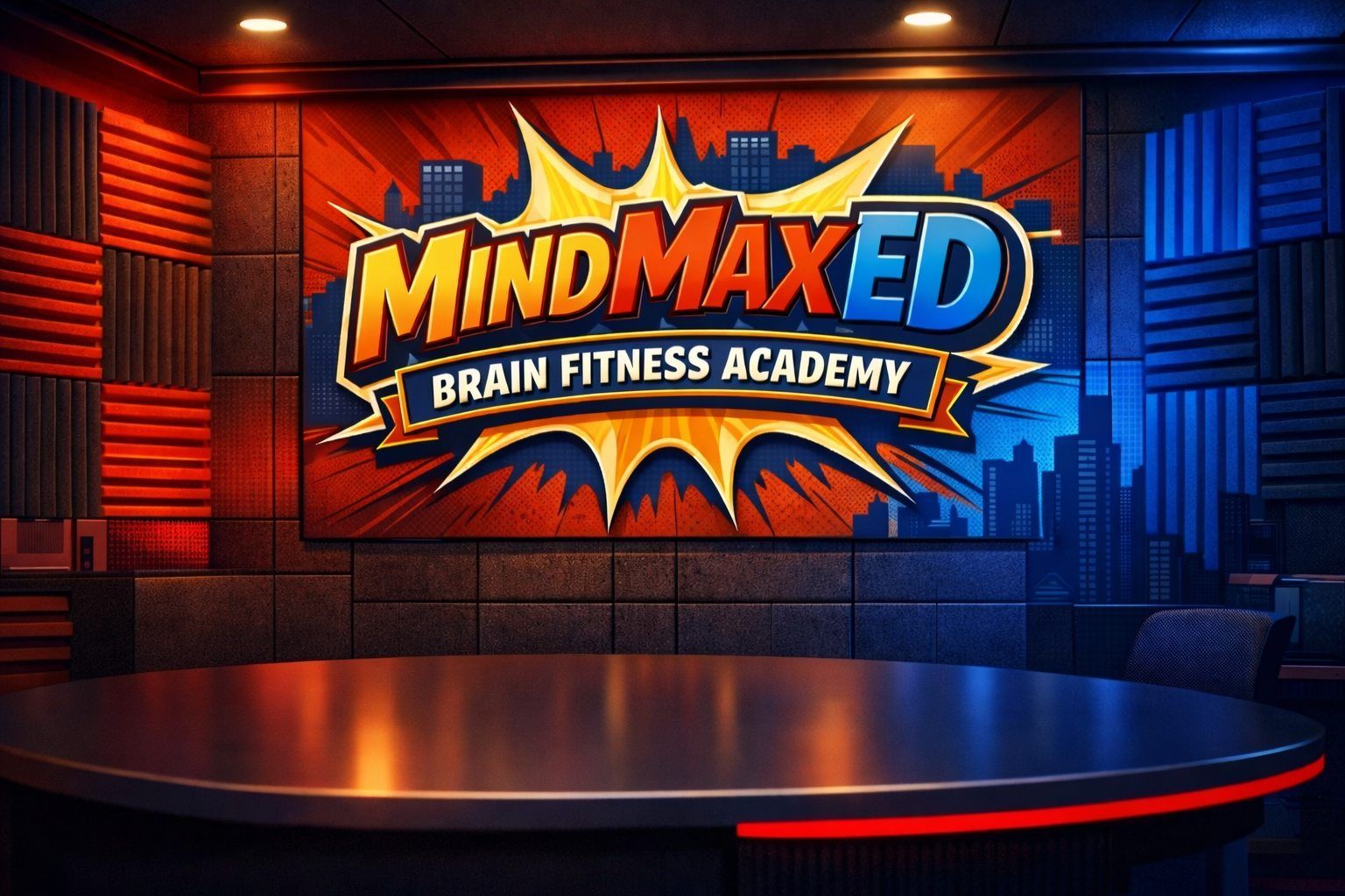 MindMaxed Brain Fitness Academy logo on a glowing studio stage backdrop