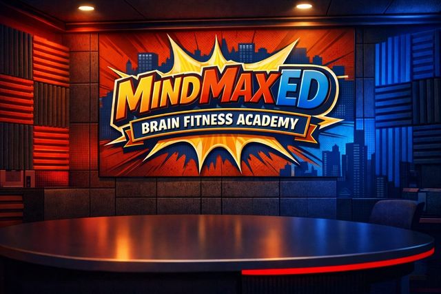 MindMaxed Brain Fitness Academy logo on a glowing studio stage backdrop