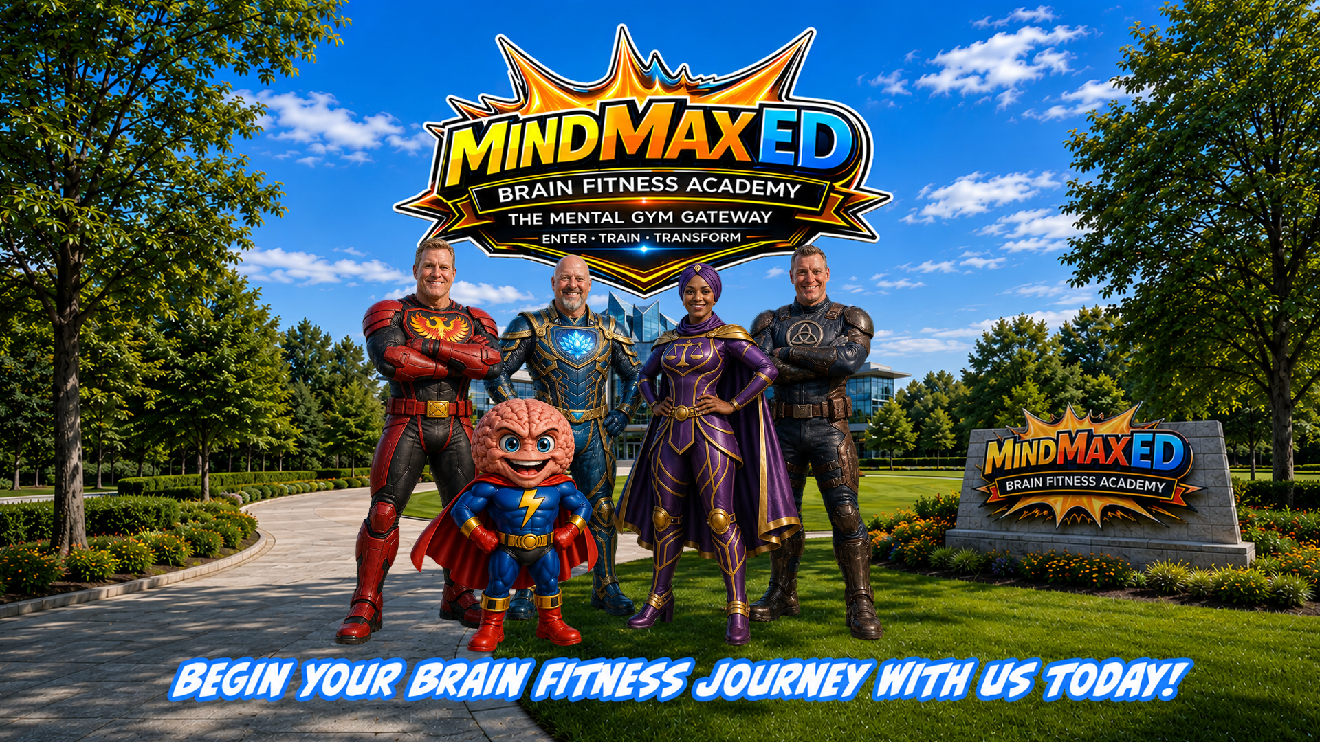 MindMaxed game promo with five heroes on a tree-lined path and a sign reading “Begin your brain fitness journey today!”