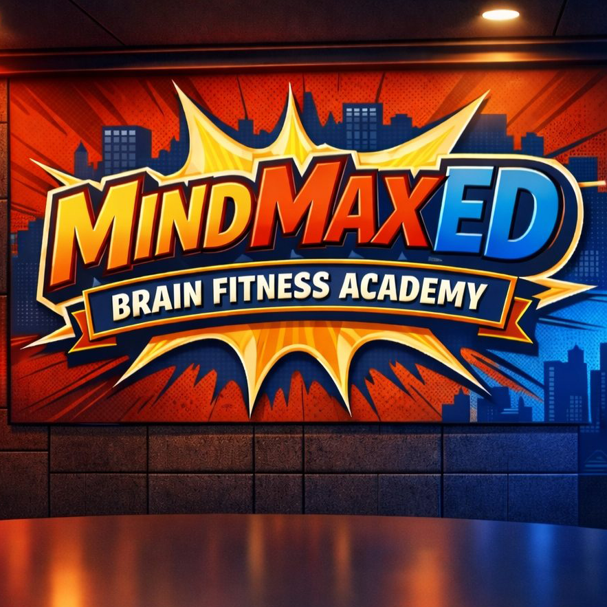 MindMaxED Brain Fitness Academy logo on a bold orange-and-blue comic-style wall mural