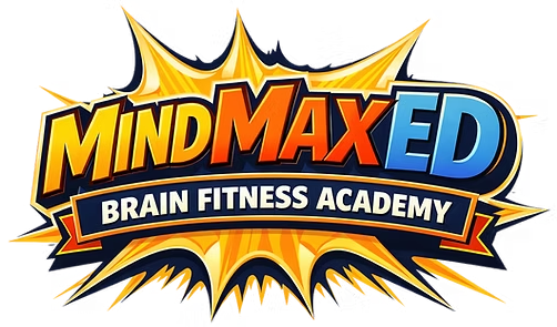 MindMaxEd Brain Fitness Academy logo with bold orange and blue text on a white burst background