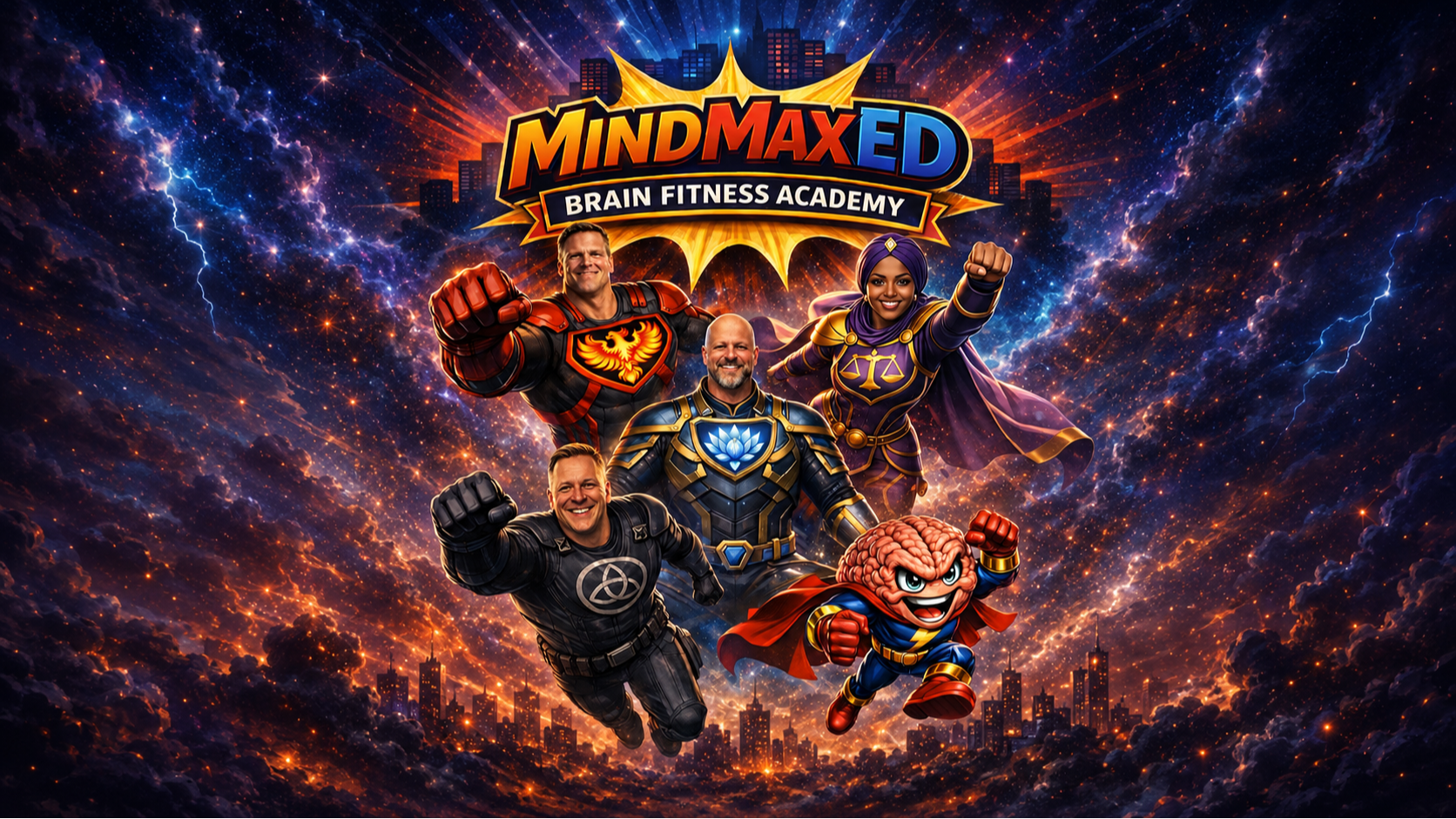 MindMAXED action poster with glowing heroes and a cosmic vortex background