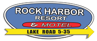 A rock harbor resort and motel logo with an arrow pointing to the right.