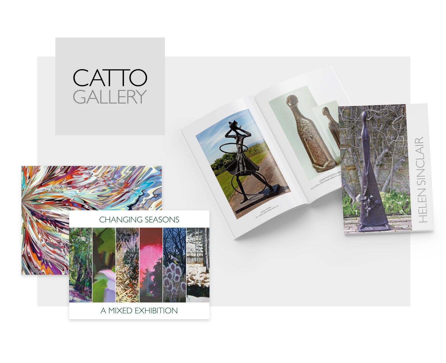 A collage of brochures and cards for the catto gallery.
