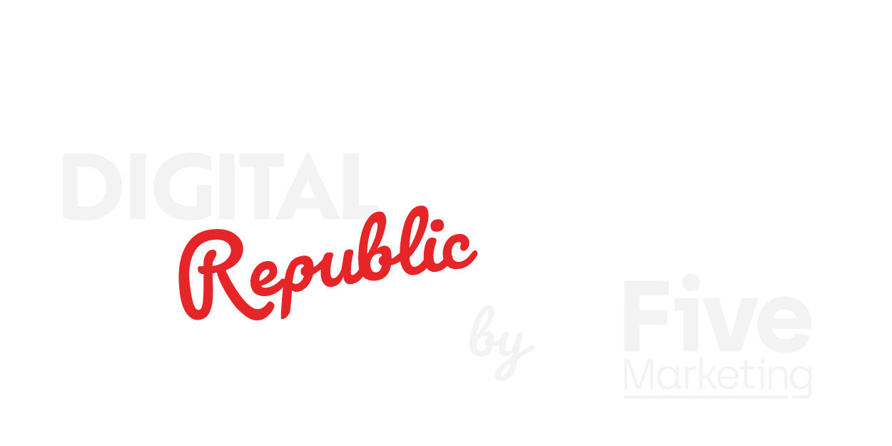The logo for digital republic by five marketing is red and white.