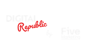 The logo for digital republic by five marketing is red and white.