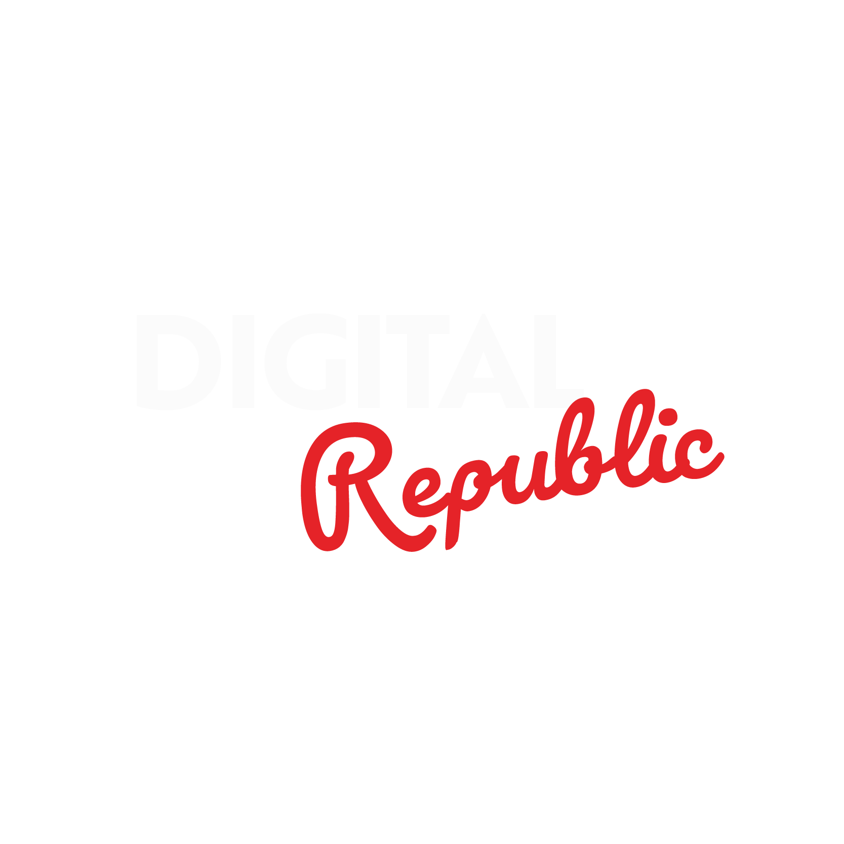 A red and white logo for digital republic on a white background.