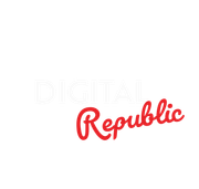 A red and white logo for digital republic on a white background.