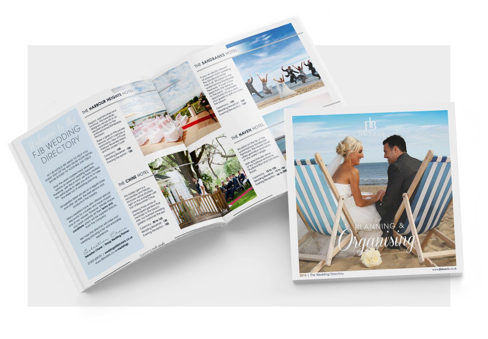 A wedding brochure with a bride and groom sitting in lawn chairs on the beach.